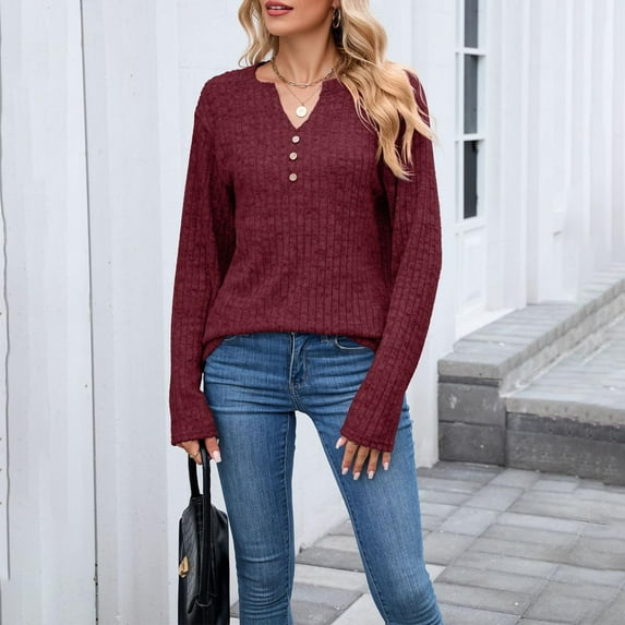 BLCHUNen Long Sleeve Shirts for Women Ribbed Knitted Casual Fall Tops V Neck Pullover Fashion Workout Leisure Lounge Blouses