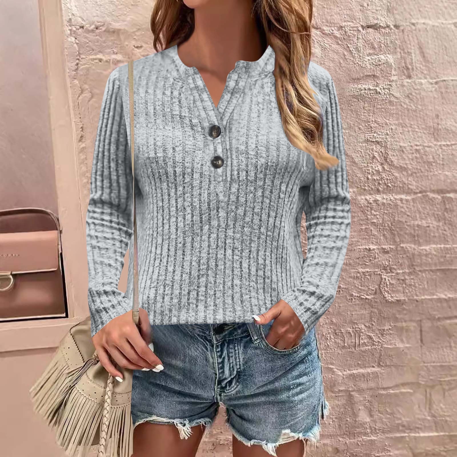 BLCHUNen Long Sleeve Shirts for Women Ribbed Knitted Fall Blouses ...