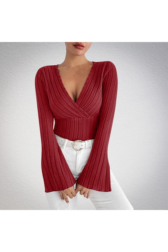 Long Sleeve Shirts for Women Ribbed Knitted Flare Sleeve Slim Fitted Pullover Casual Fashion Leisure Fall Tops