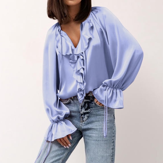 BLCHUNen Long Sleeve Shirts for Women Ruffle Drawstring V Neck Stretch Fall Trendy Blouses Lightweight Outdoor Sports Womens Tops