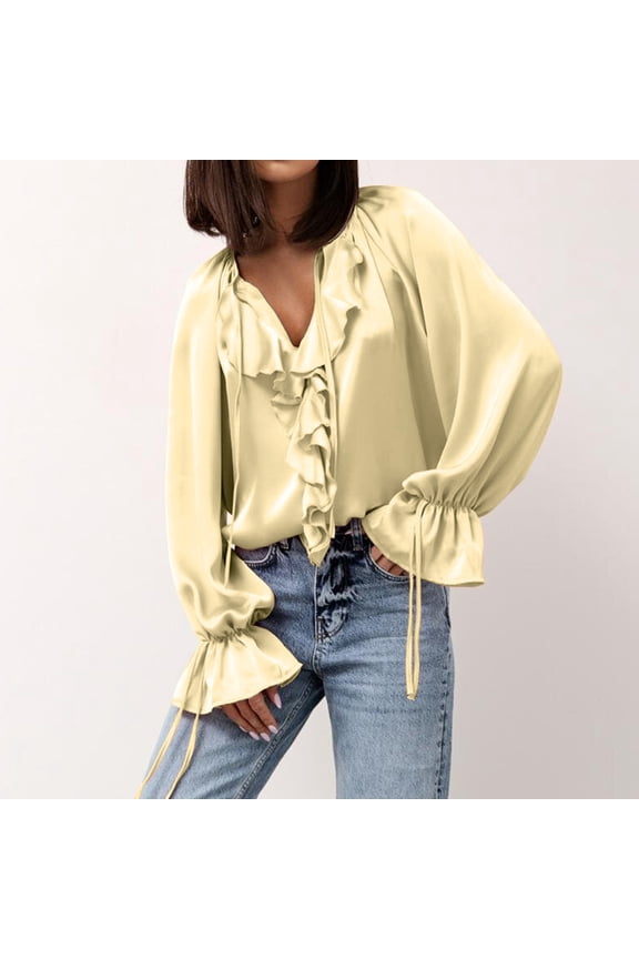Long Sleeve Shirts for Women Ruffle Drawstring V Neck Stretch Fall Trendy Blouses Lightweight Outdoor Sports Womens Tops