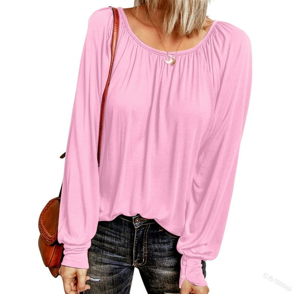 BLCHUNen Long Sleeve Shirts for Women Trendy Crew Neck Pullover Chest Pleated Lightweight Casual Workout Active Sports Fall Blouses