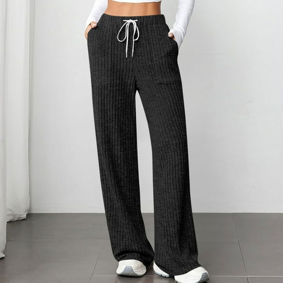 BLCHUNen Lounge Pants for Women High Waist Ribbed Knitted Wide Leg Drawstring Lightweight Fashion Pajamas with Pockets