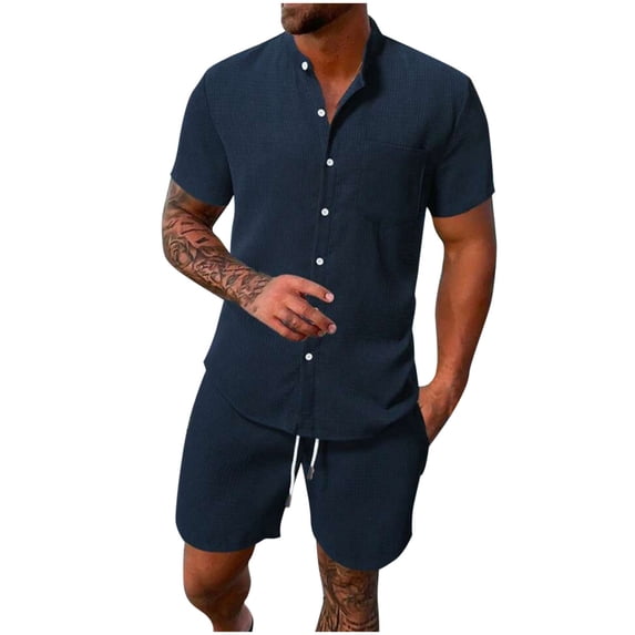 BLCHUNen Mens 2 Piece Outfits Beach Outfits Button down Mock Neck Shirts with Pocket Casual Shorts Summer Matching Sets(S,Navy