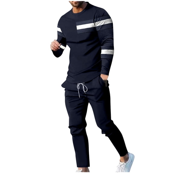 BLCHUNen Mens 2 Piece Outfits Casual Gym Sets Long Sleeve Color Block Striped Tops Elastic Waisted Comfy Pants Sets(XXXXL,Navy