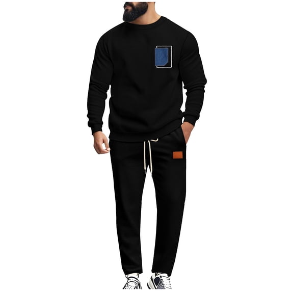 BLCHUNen Mens 2 Piece Outfits Long Sleeve Crew Neck Tops Drawstring Pants Stretchy Casual Activewear Gym Sets(S,Black