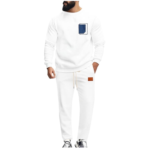 BLCHUNen Mens 2 Piece Outfits Long Sleeve Crew Neck Tops Drawstring Pants Stretchy Casual Activewear Gym Sets(XL,White