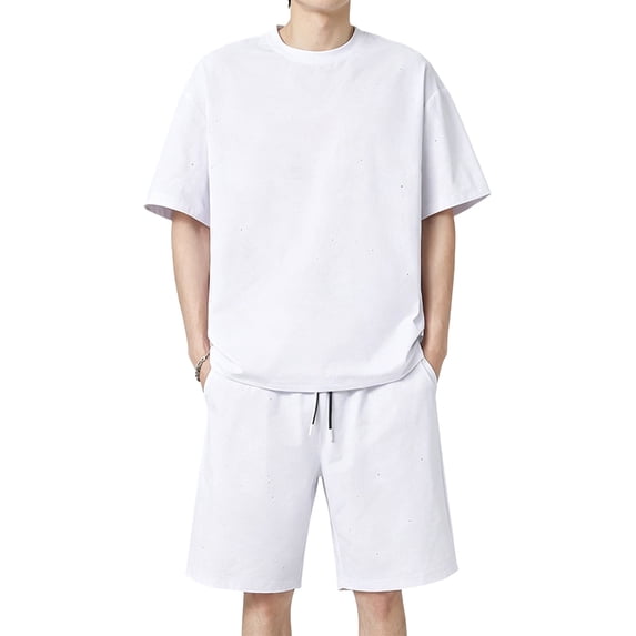 BLCHUNen Mens 2 Piece Short Set Casual Loose Crew Neck T Shirts and Wide Leg Pockets Shorts Running Gym Outfits(XL,White