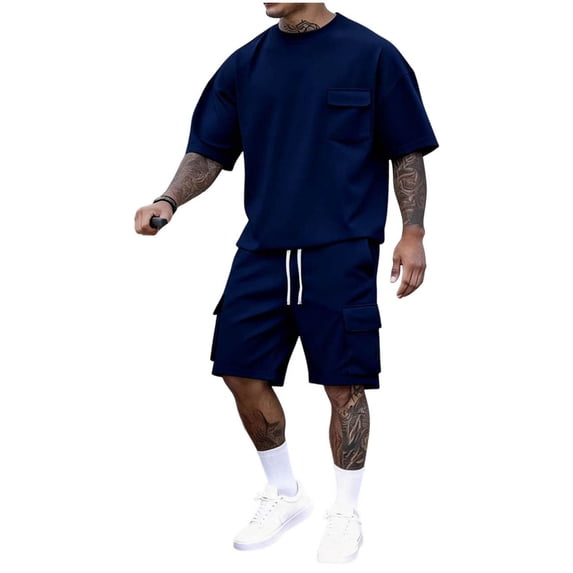 BLCHUNen Mens 2 Piece Short Set Summer Crew Neck Loose Tops with Drawstring Cargo Shorts Casual Outfits with Pockets(S,Navy