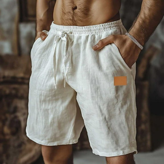 BLCHUNen Mens Beach Shorts Summer Cotton Linen Lightweight Breathable Drawstring Running Shorts with Pockets,S-3XL