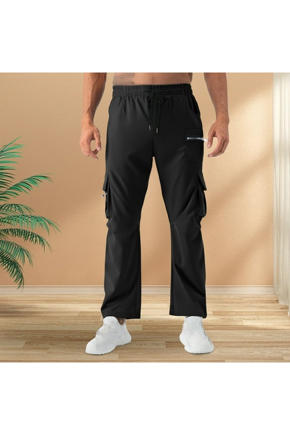 Mens Cargo Pants with Multi Pockets Zipper Drawstring Elastic Waist Workout Sports Running Gym Hiking Pants