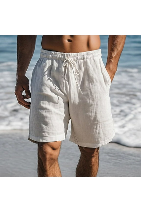 Mens Casual Shorts Cotton Linen Breathable Drawstring Elastic Beach Shorts with Pockets