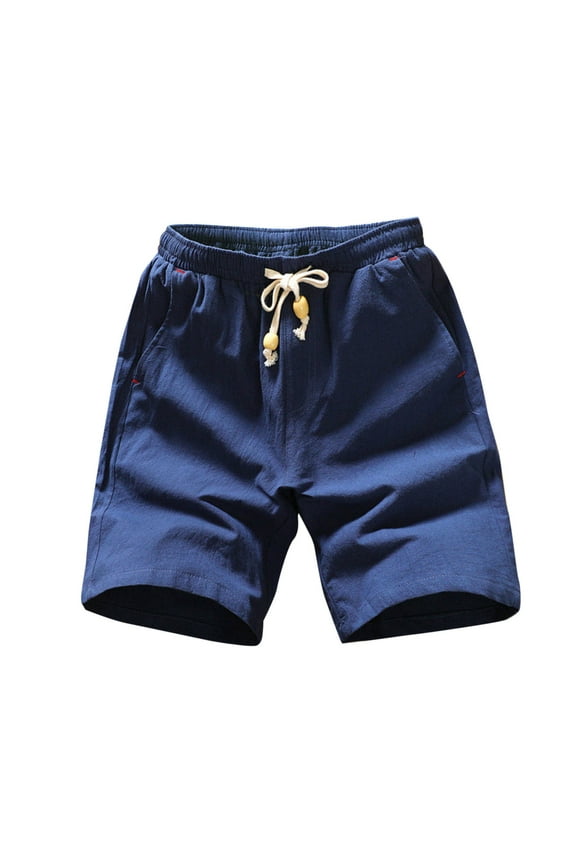 Mens Casual Shorts Cotton Linen Drawstring Breathable Stretch Summer Beach Shorts with Pockets