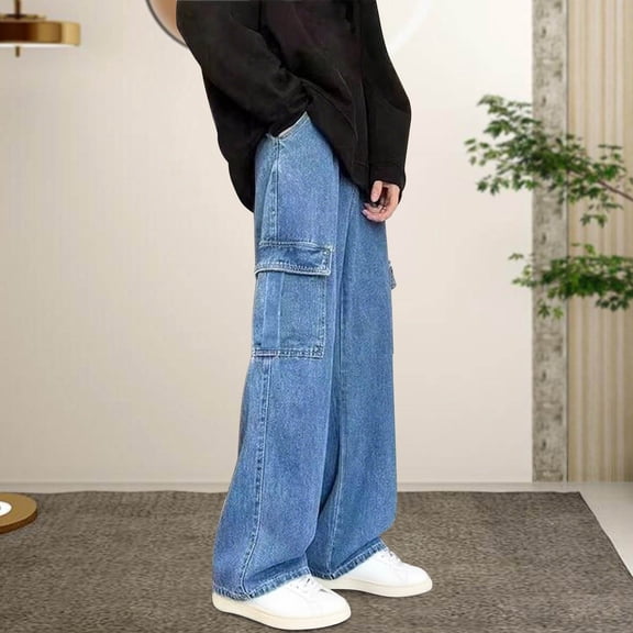 BLCHUNen Mens Jeans with Multi Pockets Casual Baggy Drawstring Elastic Waist Vintage Fashion Streetwear Denim Pants