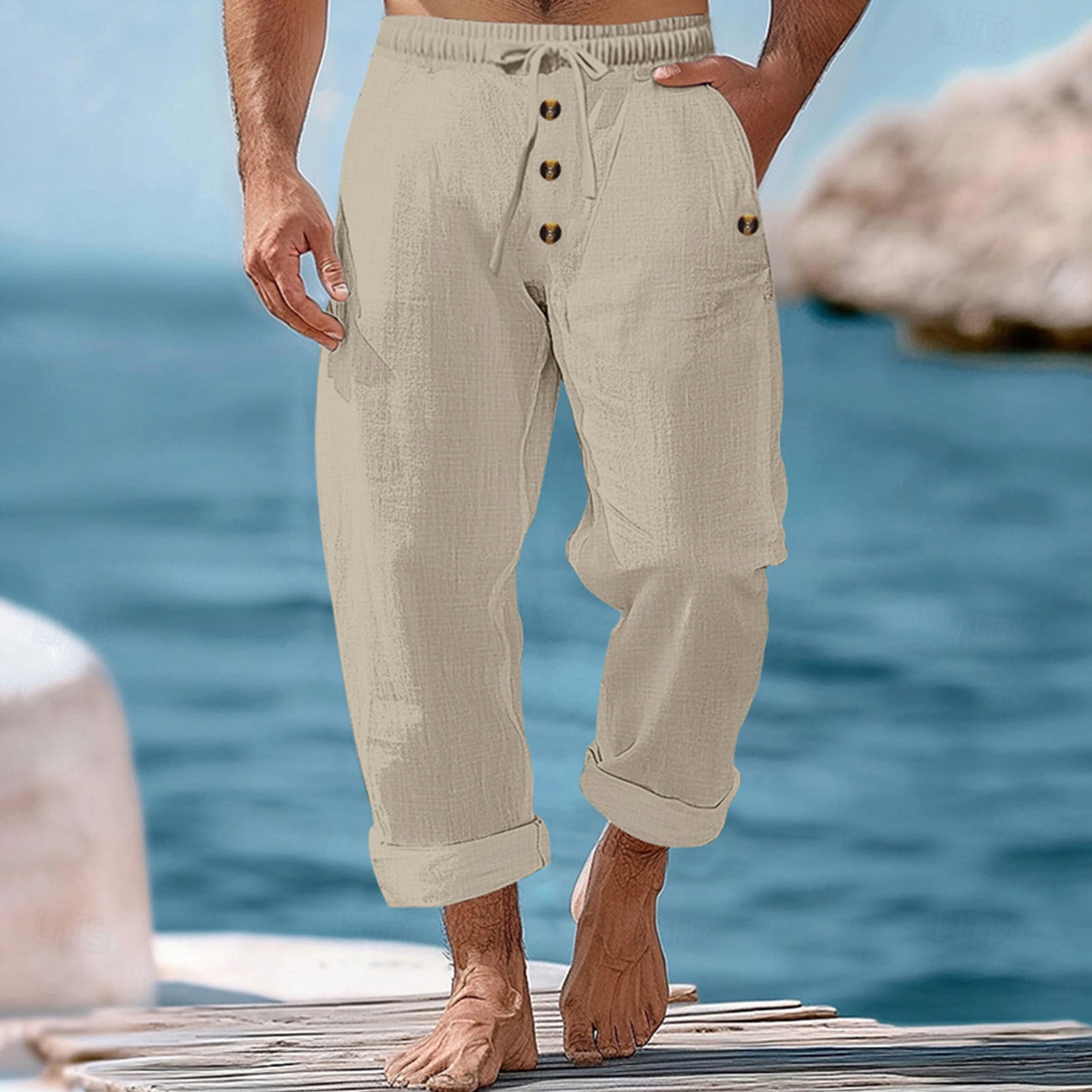 BLCHUNen Mens Linen Beach Pants with Pockets Drawstring Elastic Waist ...