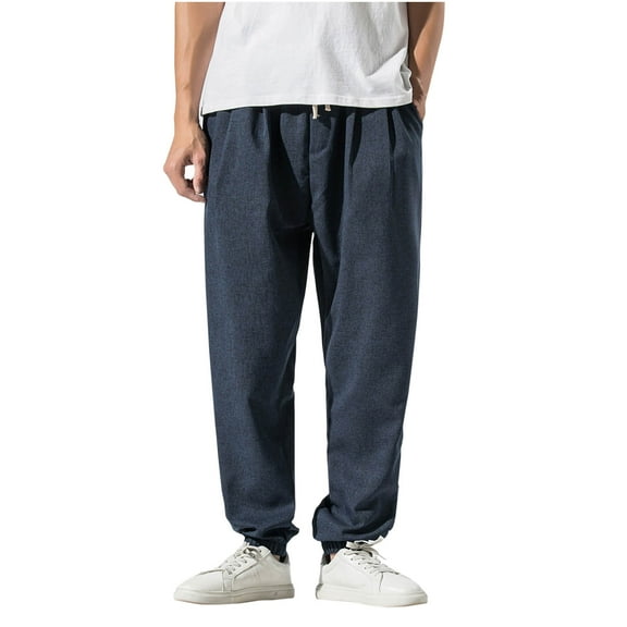 BLCHUNen Mens Linen Pants Plus Size Joggers Drawstring Elastic Waist Outdoor Casual Beach Sport Active Sweatpants with Pockets