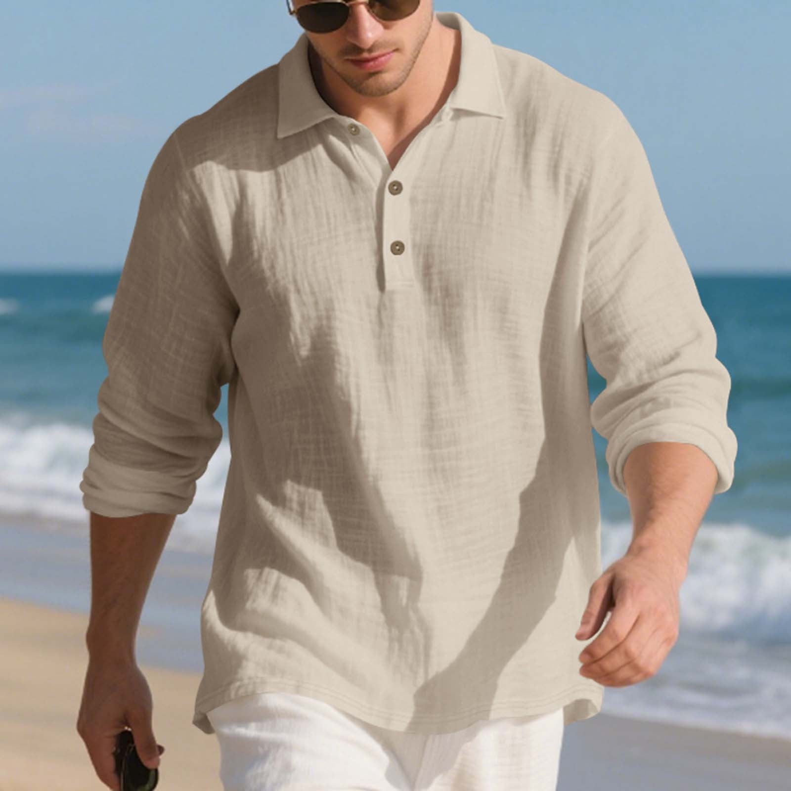Men's Open Collar Long Sleeve Linen Shirt Relaxed Fit Lightweight main image 0