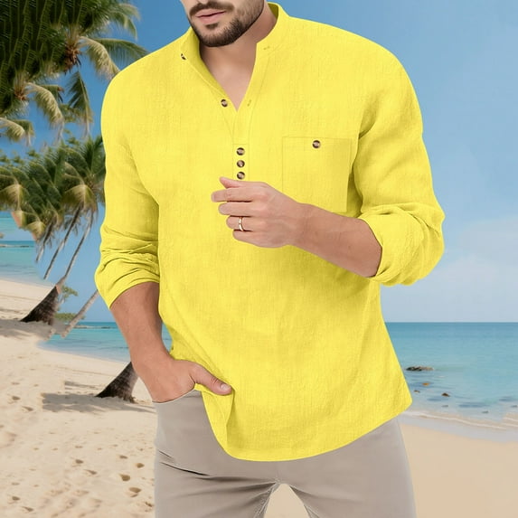 BLCHUNen Mens Long Sleeve Tee Shirts Pullover Cotton Button Workout Shirts Breathable Lightweight Casual Trendy Tops with Pocket