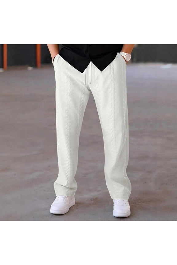 Mens Pants Casual Loose Drawstring Elastic Waist Texture Streetwear Fashion Trousers With Pocket