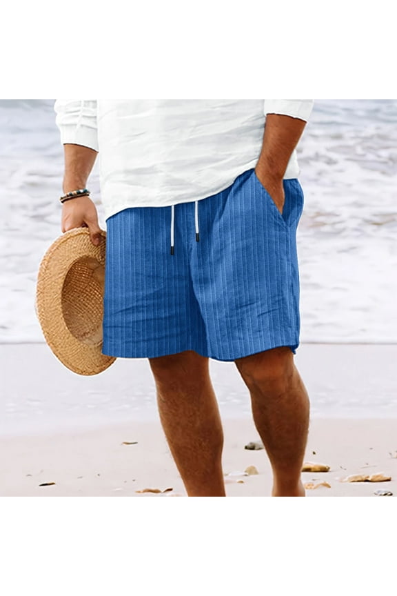 Mens Summer Beach Shorts Cotton Linen Drawstring Breathable Casual Shorts with Pockets