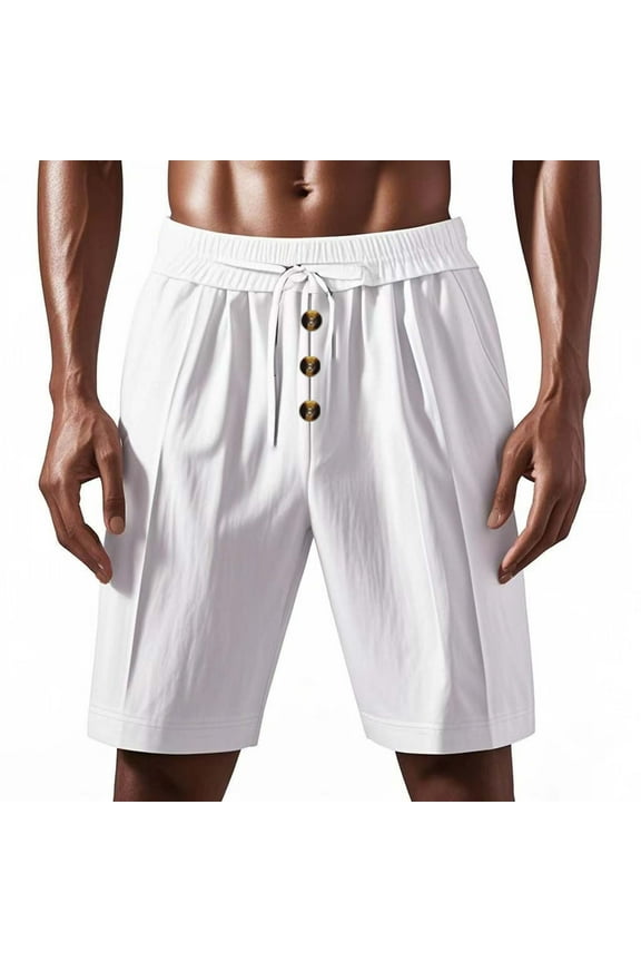 Mens Summer Beach Shorts Linen Elastic Drawstring Lightweight Breathable Casual Shorts with Pockets
