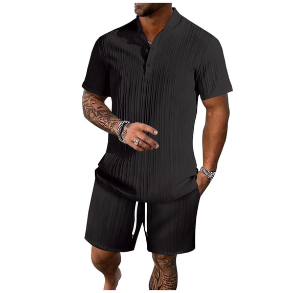 BLCHUNen Mens Summer Outfits 2 Piece Sets Short Sleeve Button Mock Neck Tops Straight Leg Fitting Shorts Casual Outfits(M,Black