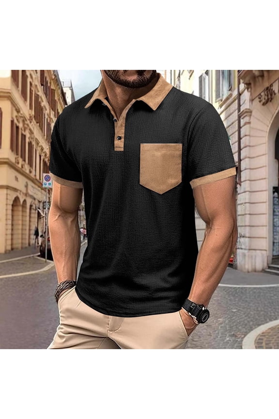 Mens T Shirts Short Sleeve Turn Down Collar Button Contrast Color Loose Fitting Summer Casual Tops with Pocket