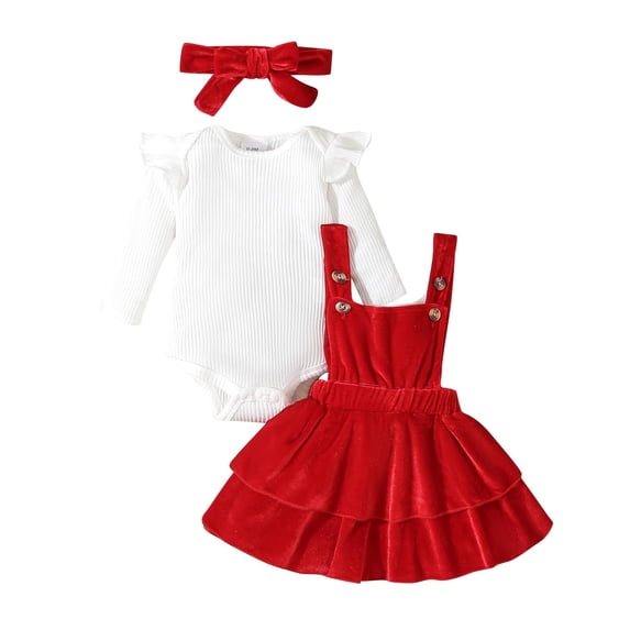 BLCHUNen Newborn Girl Clothes 3 Piece Set Long Sleeve Ruffle Shoulder Romper Button Suspender Skirts with Headband Outfits,Red