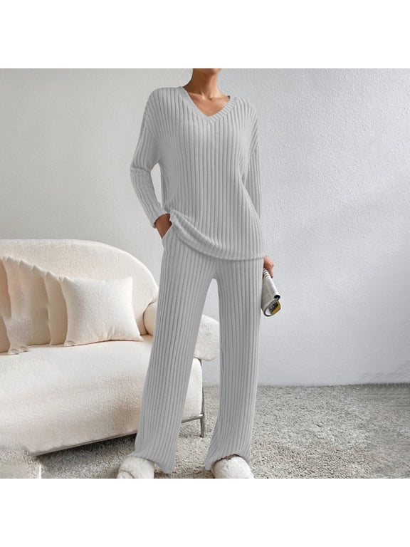 Pajamas for Women 2 Piece Outfits Ribbed Knitted Long Sleeve V Neck Pullover Leisure Fall Sets with Pockets