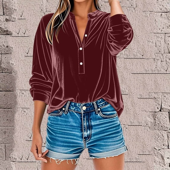 BLCHUNen Pajamas for Women Long Sleeve Velour Plush V Neck Pullover Button Casual Loose Loungewear Leisure Fall Tops