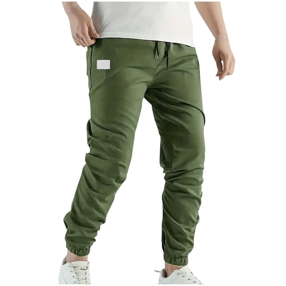 BLCHUNen Pants for Men Elastic Mid Waisted Cargo Pants Casual Fitting Summer Drawstring Trousers with Pockets,L,Army Green