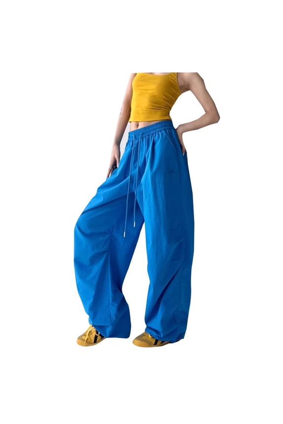 Pants for Women Casual Loose Wide Leg Cargo Pants Drawstring High Elastic Waisted Ruched Camping Trousers,S,Dark Blue