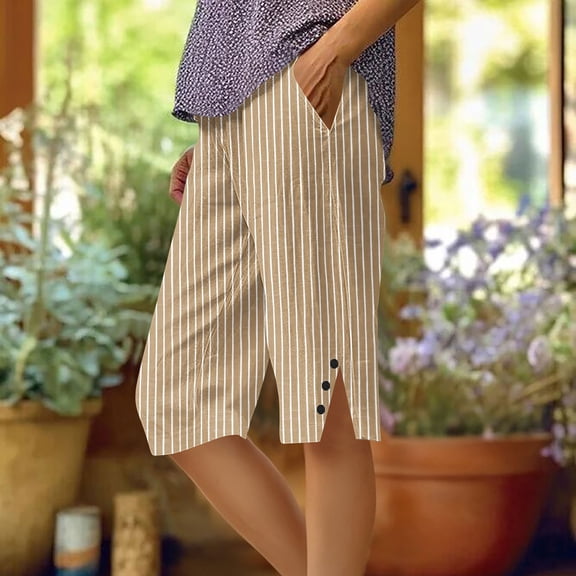 BLCHUNen Pants for Women Knee Length Pants Striped Lightweight Loose Breathable Casual Home Lounge Summer Pants with Pockets