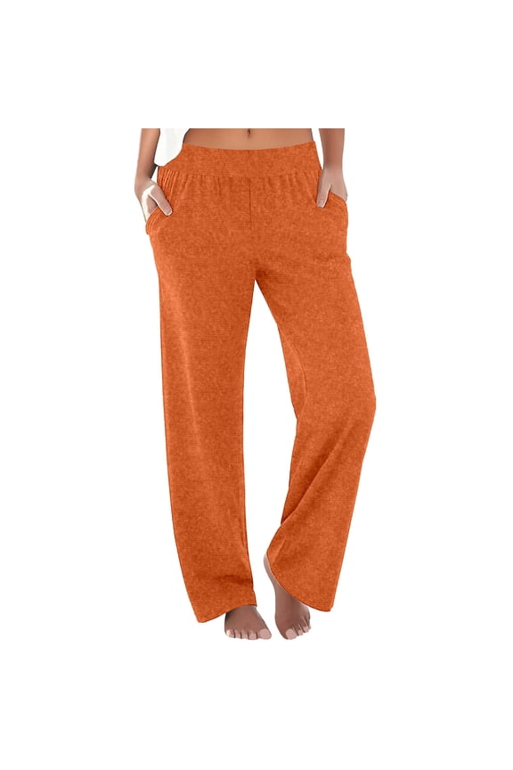 Pants for Women Ruched Mid Waisted Straight Leg Pants Stretchable Casual Loose Pull on Trousers with Pockets,L,Orange