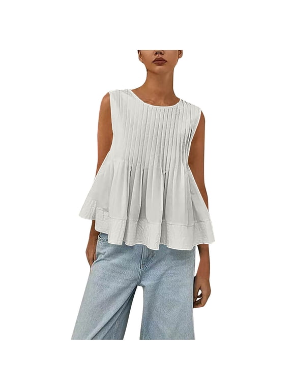 Peplum Tops for Women Sleeveless Pleated Tank Tops Casual Loose Round Neck Summer Comfortable Blouse Trendy