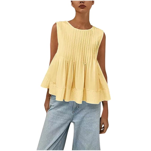 BLCHUNen Peplum Tops for Women Sleeveless Pleated Tank Tops Casual Loose Round Neck Summer Comfortable Blouse Trendy