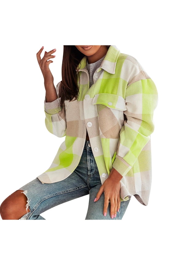 Plaid Shirt for Women Lapel Neck Casual Button down Shacket Jackets Casual Loose Comfortable Coats Fashion,S,Yellow