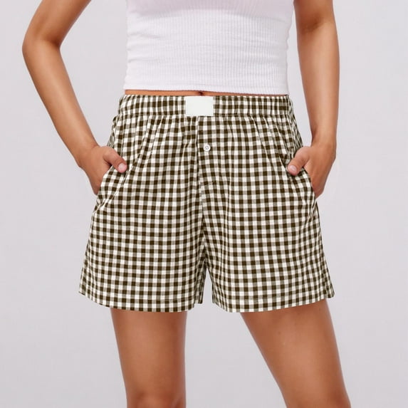 BLCHUNen Plaid Shorts for Women Elastic Waist Lightweight Loose Casual Summer Beach Vacation Shorts with Pockets