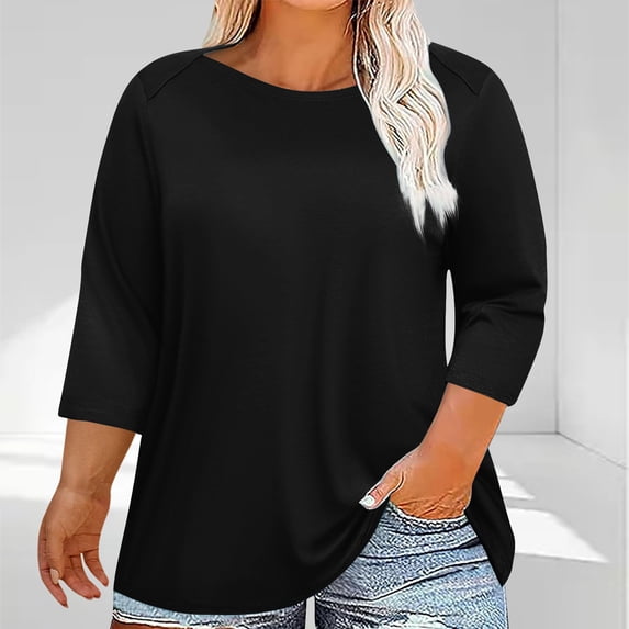 BLCHUNen Plus Size 3/4 Sleeve Shirts for Women Trendy Loose Breathable Fall Tops Crew Neck Pullover Going out Lounge Casual Yops