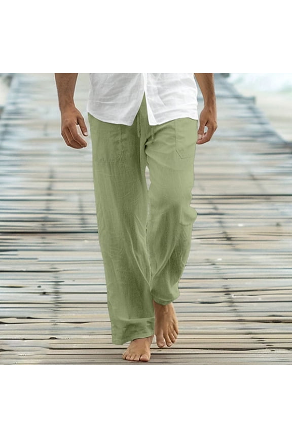 Men Linen Pants Breathable Quick Drying Drawstring Elastic Waist Casual Beach Workout Sports Active Athletic Sweatpants