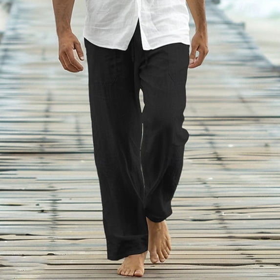 BLCHUNen Plus Size Mens Cotton Linen Pants Drawstring Elastic Waist Beach Pants with Pockets,S-4XL