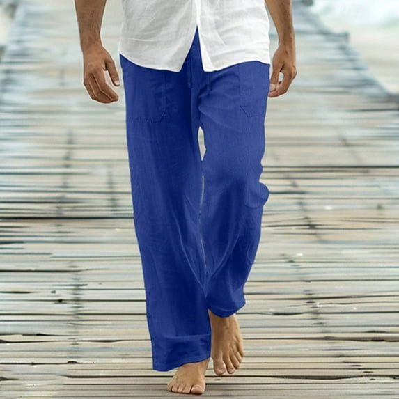 BLCHUNen Plus Size Mens Cotton Linen Pants Drawstring Elastic Waist Beach Pants with Pockets,S-4XL