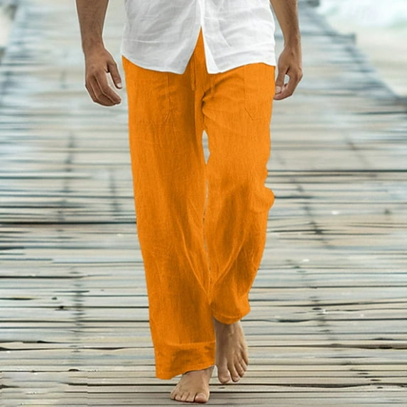 BLCHUNen Plus Size Mens Cotton Linen Pants Drawstring Elastic Waist Beach Pants with Pockets,S-4XL
