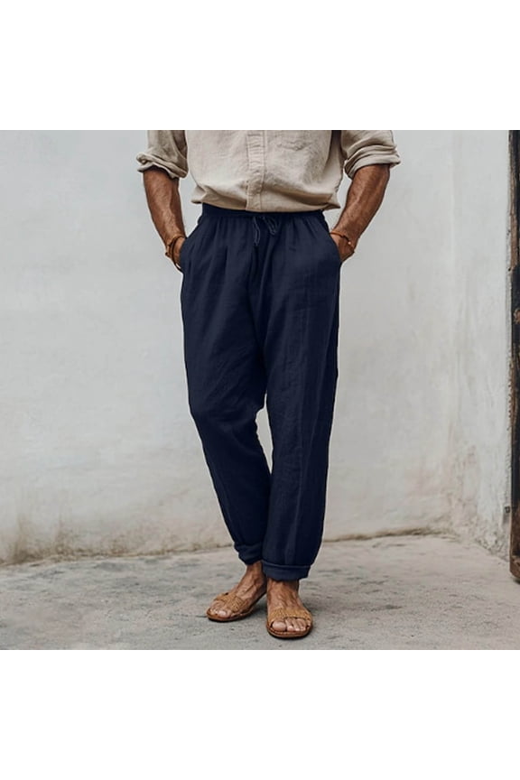 Plus Size Mens Cotton Linen Pants Elastic Drawstring Casual Beach Pants with Pockets,S-5XL
