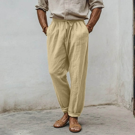 BLCHUNen Plus Size Mens Cotton Linen Pants Elastic Drawstring Casual Beach Pants with Pockets,S-5XL