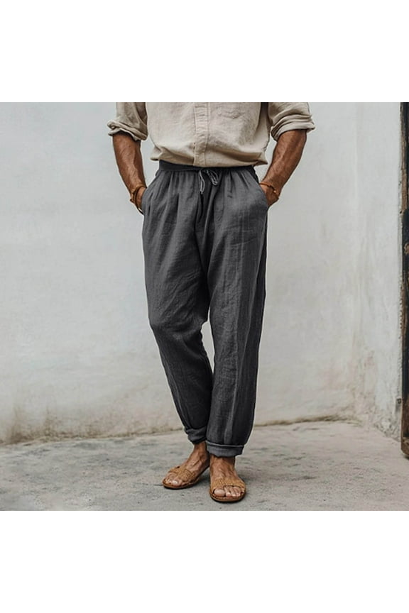 Plus Size Mens Cotton Linen Pants Elastic Drawstring Casual Beach Pants with Pockets,S-5XL
