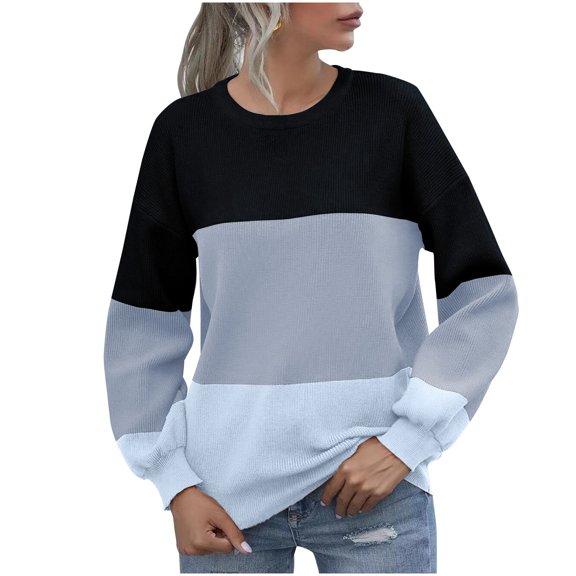 BLCHUNen Pullover Sweaters for Women Long Sleeve Color Block Sweaters Knitted Drop Shoulder Casual Loose Tops,Black,S