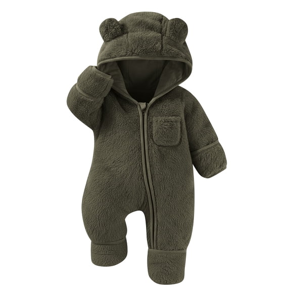 BLCHUNen Romper for Boys Girls Zip up Fuzzy Warm Bodysuit Cute Hooded Fall Winter Daily Clothes with Footed,Army Green