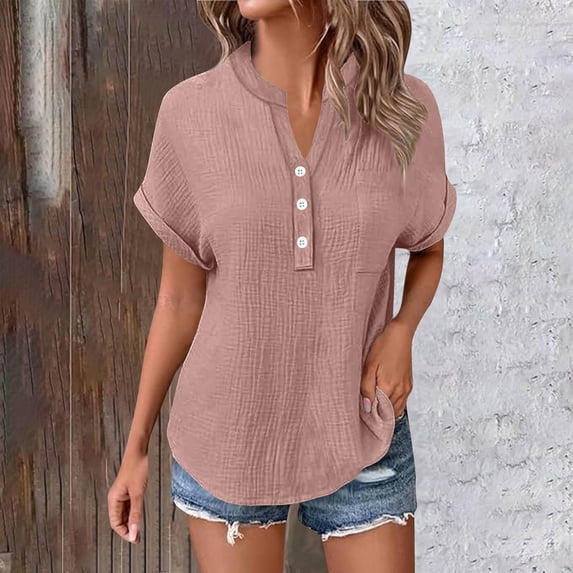 BLCHUNen Short Sleeve Shirts for Women Casual Button V Neck Pullover Lightweight Breathable Summer Tops with Pocket