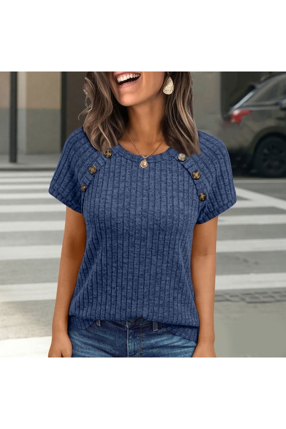 Short Sleeve Sweaters for Women Casual Ribbed Button Lightweight Crew Neck Pullover Summer Blouses